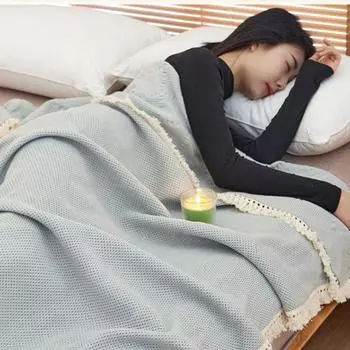 Скандинавское хлопковое марлевое полотенце-одеяло с кисточками Летнее вафельное одеяло из чистого хлопка для кондиционирования воздуха Офисное одеяло 150x200cm 1.1kg светло-серый