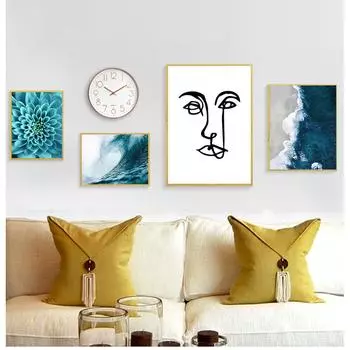 Скандинавское художественное украшение комнаты, картина, океанские волны, синий цветок, стена, морской пляж, пейзаж, печать на холсте, скандинавская живопись 21cm30cm NoFrame