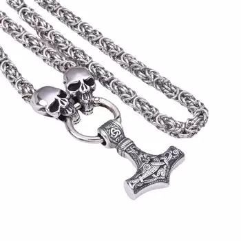 Скандинавское ожерелье из нержавеющей стали с подвеской в виде головы викинга и молота Тора, мужское ожерелье 40CM