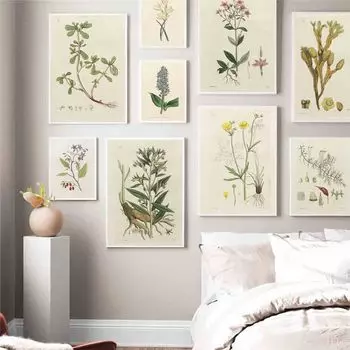 Скандинавское ретро искусство холст картина с изображением растений цветы и листья научно-популярный постер гостиная коридор украшение дома фреска без рамки 21*30cm No Frame