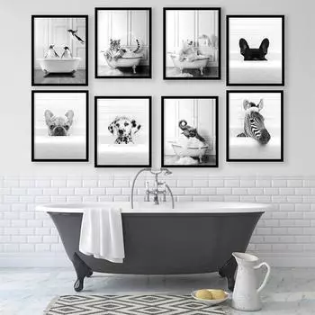 Скандинавское украшение для ванной комнаты, постер с животными, слон, пингвин, туалет, ванна, черно-белая картина на холсте, ретро настенное искусство 21cm30cm NoFrame