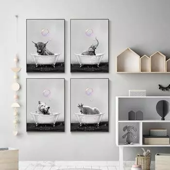 Скандинавское украшение стен, Картина маслом, Животные, пускающие пузыри в ваннах, Плакаты, Картины для детской комнаты, Украшение дома 21cm30cm NoFrame