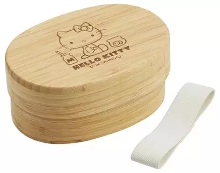 Skater BWLB4-A Бамбуковый ланч-бокс, 13,5 жидких унций (400 мл), Ланч-бокс в японском стиле, овальной формы, с разделителями, в комплект входит пояс для ланча, Sanrio Hello Kitty