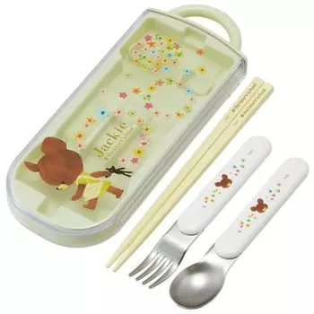 Skater Children s Lunch Box Trio Set Chopsticks Spoon Fork Kids Cutlery Antibacterial Treatment Easy to Open Sliding Type Made in Japan Bear School Gi