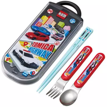 Skater Children s Lunch Box Trio Set Chopsticks Spoon Fork Kids Cutlery Antibacterial Treatment Easy to Open Sliding Type Made in Japan Tomica 25 Boys