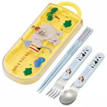 Skater Children s Lunch Box Trio Set Chopsticks Spoon Fork Kids Cutlery Antibacterial Treatment Easy to Open Sliding Type Made in Japan Curious George