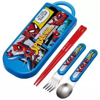 Skater Children s Lunch Box Trio Set Chopsticks Spoon Fork Kids Cutlery Antibacterial Treatment Easy to Open Sliding Type Made in Japan Spiderman 25 B