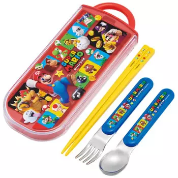 Skater Children s Lunch Box Trio Set Chopsticks Spoon Fork Kids Cutlery Antibacterial Treatment Easy to Open Sliding Type Made in Japan Super Mario 23
