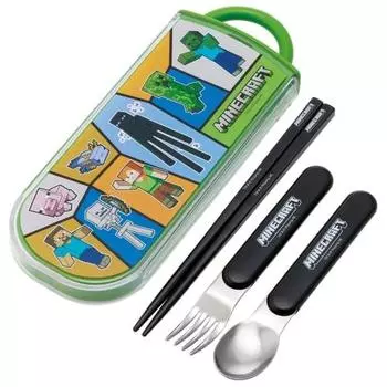 Skater Children s Lunch Box Trio Set Chopsticks Spoon Fork Kids Cutlery Antibacterial Treatment Easy to Open Sliding Type Made in Japan Minecraft 25 M