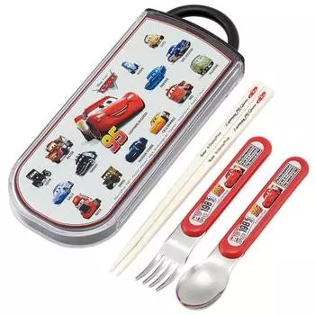 Skater Children s Lunch Box Trio Set Chopsticks Spoon Fork Kids Cutlery Antibacterial Treatment Easy to Open Sliding Type Made in Japan Disney Cars 25
