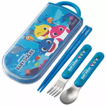 Skater Children s Lunch Box Trio Set Chopsticks Spoon Fork Kids Cutlery Antibacterial Treatment Easy to Open Slide Type Made in Japan Baby Shark Boys