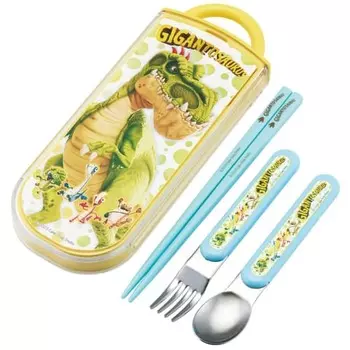 Skater Children s Lunch Box Trio Set Chopsticks Spoon Fork Kids Cutlery Antibacterial Treatment Easy to Open Sliding Type Made in Japan Gigantosaurus