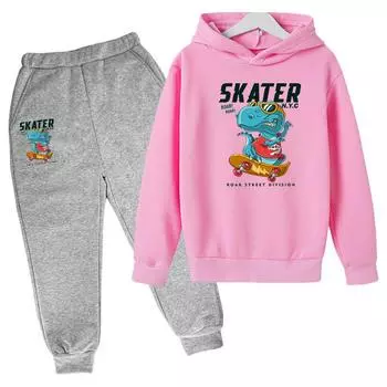 Skater Dinosaur Printing Fashion Autumn Чистый хлопок Одежда для девочек Одежда Одежда для девочек от 9 до 12 лет Комплект для мальчика 100