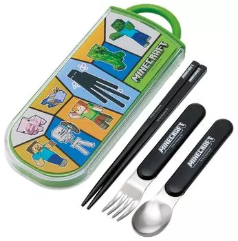 Skater Lunch Box Trio Set Chopsticks Spoon Fork Kids Cutlery Antibacterial Treatment Easy to Open Sliding Type Made in Japan Minecraft 25 Minecraft