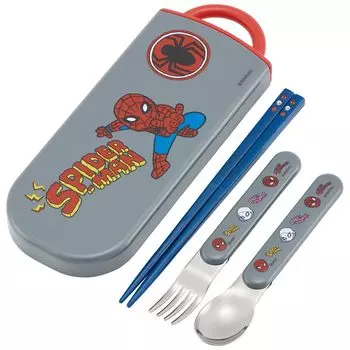 Skater Lunch Box Trio Set Chopsticks Spoon Fork Kids Cutlery Antibacterial Treatment Easy to Open Sliding Type Made in Japan Spiderman Pop Comics Boys