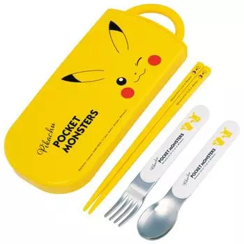 Skater Lunch Box Trio Set Chopsticks Spoon Fork Kids Cutlery Antibacterial Treatment Easy to Open Sliding Type Made in Japan Pokemon Pikachu Face 23