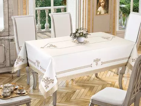 Скатерть 160х220 Тюльпан Прямоугольник с Полосой 100% Полиэстер Золото