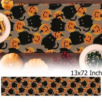 Скатерть для стола на Хэллоуин с изображением тыкв и черного кота на сезонную кухню 13x72 Inch