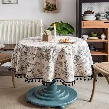 Скатерть из хлопкового льна, круглая скатерть с кисточками, пыленепроницаемая, цветочная, круглая, для украшения стола на кухне, обеденной столешницы Diameter 60cm