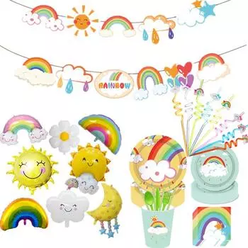 Скатерть с воздушными шарами в радужном стиле Одноразовая посуда Цветные соломинки с героями мультфильмов Детский день рождения Принадлежности для вечеринки План места проведения 25 straws