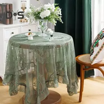 Скатерть в стиле ретро, прозрачная, кружевная, романтическая, круглая, с оборками, цветочная вышивка, защита стола, украшение для банкетов и вечеринок M зелёный