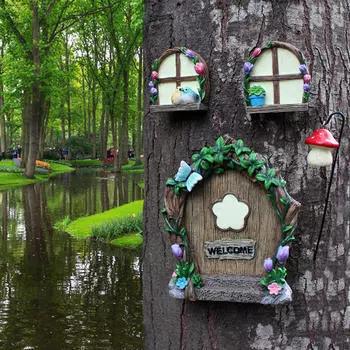 Сказочная дверь и окна для деревьев, садовый декор, дворовое искусство, мини-статуэтка, набор феи из смолы