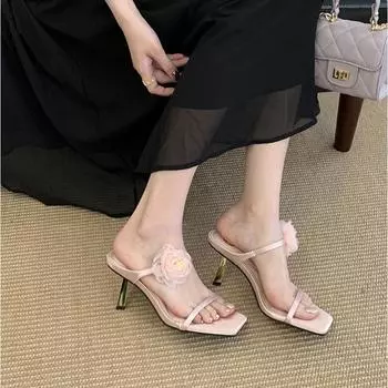 Сказочная камелия слово с босоножками на высоком каблуке с открытым носком новые атласные сандалии с квадратным носком крутые тапочки 35 чёрный