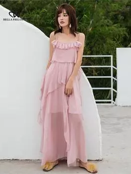 Сказочная одежда, шифоновое платье с рюшами на бретельках, шикарное отпускное платье, женское летнее пляжное платье S розовый