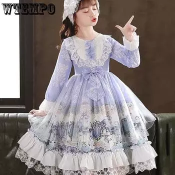 Сказочное платье принцессы в стиле Лолиты для девочек. Детское милое сказочное платье в стиле Лолиты в стиле ретро. Кружевная лоскутная юбка в стиле суда с росписью. Юбка + головной убор. 150 синий