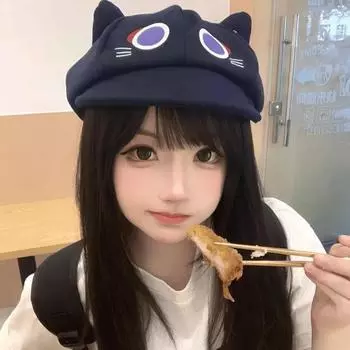 Сказочный берет с изображением кошки с вертикальными ушками, мультяшная восьмиугольная шляпа, милая милая сестра, показывающая лицо, маленькая шляпа, милая M54-59cm чёрный