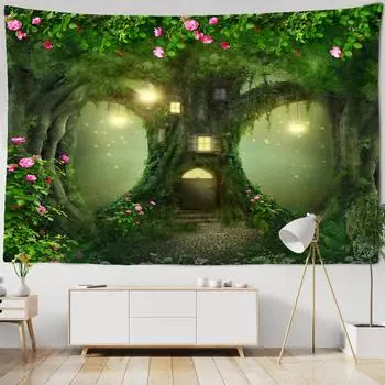 Сказочный лесной гобелен настенный гобелен фэнтезийные волшебные деревья дом в сказочной стране гобелен для декора детской комнаты ткань для вечеринки W150xH130cm