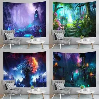 Сказочный лесной гобелен Натуральное дерево жизни Эльфийский дом Гостиная Спальня 100x75cm