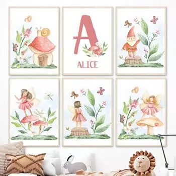 Сказочный лист, цветок, гриб, бабочка, улитка, пользовательское имя, настенная живопись на холсте, скандинавский плакат с принтом, фотографии для декора детской комнаты A4 21X30cm No Framed