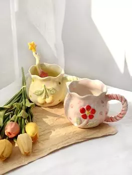 Сказочный рельеф вишневый ручной выжимной стаканчик для завтрака кофе молоко чашка расписанный вручную подарок