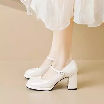 Сказочный стиль Мэри Джейн высокие каблуки женские Французский темперамент слово с толстым каблуком одиночные туфли женские 34 абрикосовый