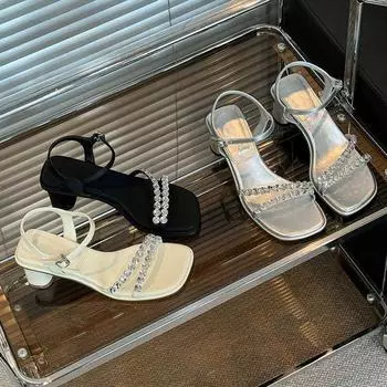 Сказочный стиль мода с юбкой на высоком каблуке римские сандалии французский толстый каблук со стразами женские босоножки лето 2024 новый 35