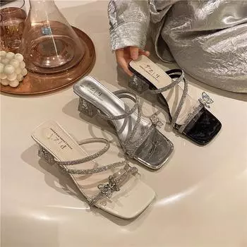 Сказочный ветер красивое слово с сандалиями женская одежда средний каблук 2025 лето новые хрустальные босоножки на толстом каблуке 8580-2 35 чёрный