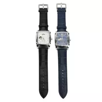 Скелет автоматические механические наручные часы для мужчин фазы Луны автоподзавод водонепроницаемые искусственная кожа Silver White