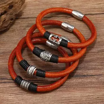 Скелет цветочный кожаный браслет для мужчин и женщин винтажные серебряные ювелирные изделия сплав магнитная застежка мужской коричневый наруч из коровьей кожи 21cm/8.26inch