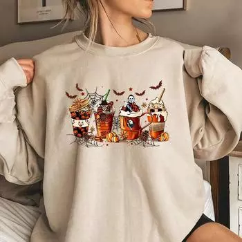 Скелет Кофейные чашки Толстовка Хэллоуин Ужас Кофе Толстовка Толстовка в стиле фильма ужасов Свитер с круглым вырезом на Хэллоуин Толстовка унисекс L