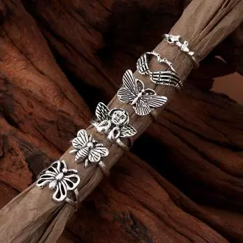 Скелет Пальмы Хэллоуин Ужас Ангел Девушка Бабочка Выдолбленные Ювелирные Кольца Набор серебряный