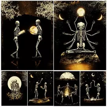 Скелет со звездами и луной, винтажный настенный художественный принт на холсте, романтический скелет с любовью под полной луной, художественный постер 21cm30cm NoFrame