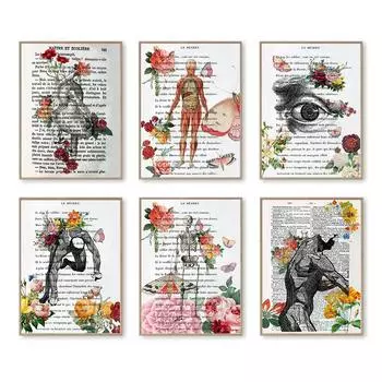 Скелетные фотографии, анатомия, медицинское сердце, глаз, искусство, холст, винтажная книга, страница словаря, плакат, энциклопедия, принт, цветок, настенный декор 21x30cm No Framed