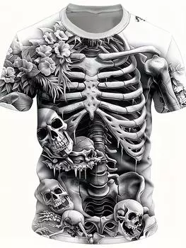 Skeleton Printed Unisex s T-shirt Fun Short Sleeved Tshirt Casual Tees Skull Pattern Unisex s Clothing Oversized Top Round Neck Tshirt 3XL
