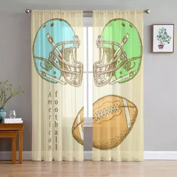Sketch Helmet And American Football Ball Chiffon Sheer Curtains for Living Room Bedroom Decoration Window Voiles Tulle Curtain 135W x 114H(cm)