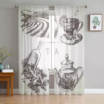 Sketch Vector Tea Set Tulle Curtains For Living Room Sheer Curtain Bedroom Veil Organza Decorative Window Treatments 135W x 114H(cm)