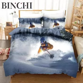 Ski Duvet Cover Microfiber Extreme Sports Theme Twin Bedding Set Winter Sport Ski Snow Mountain Landscape 70x133cm 2pcs