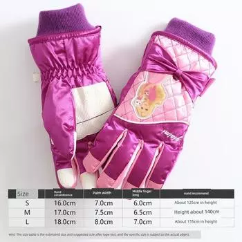 Ski Gloves Thickened Heattech Waterproof and Snow Defense Woolen Cotton Boys and Girls Child Kid Outdoor Snow Five Finger Winter Princess money-purple M