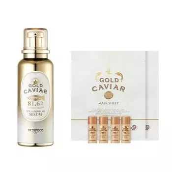 [Skinfood] Сыворотка Gold Caviar Collagen Plus 40 мл + подарок (2 икорные маски + 2 мини-тонер-эмульсии)