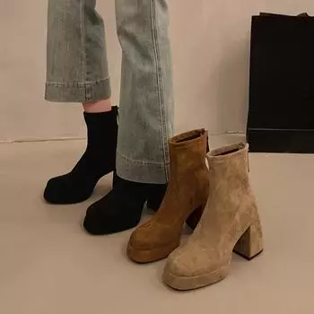 Skinny boots Waterproof table high heels Fleece French autumn and winter thick small short boots Women s single boots ankle small bare boots 34